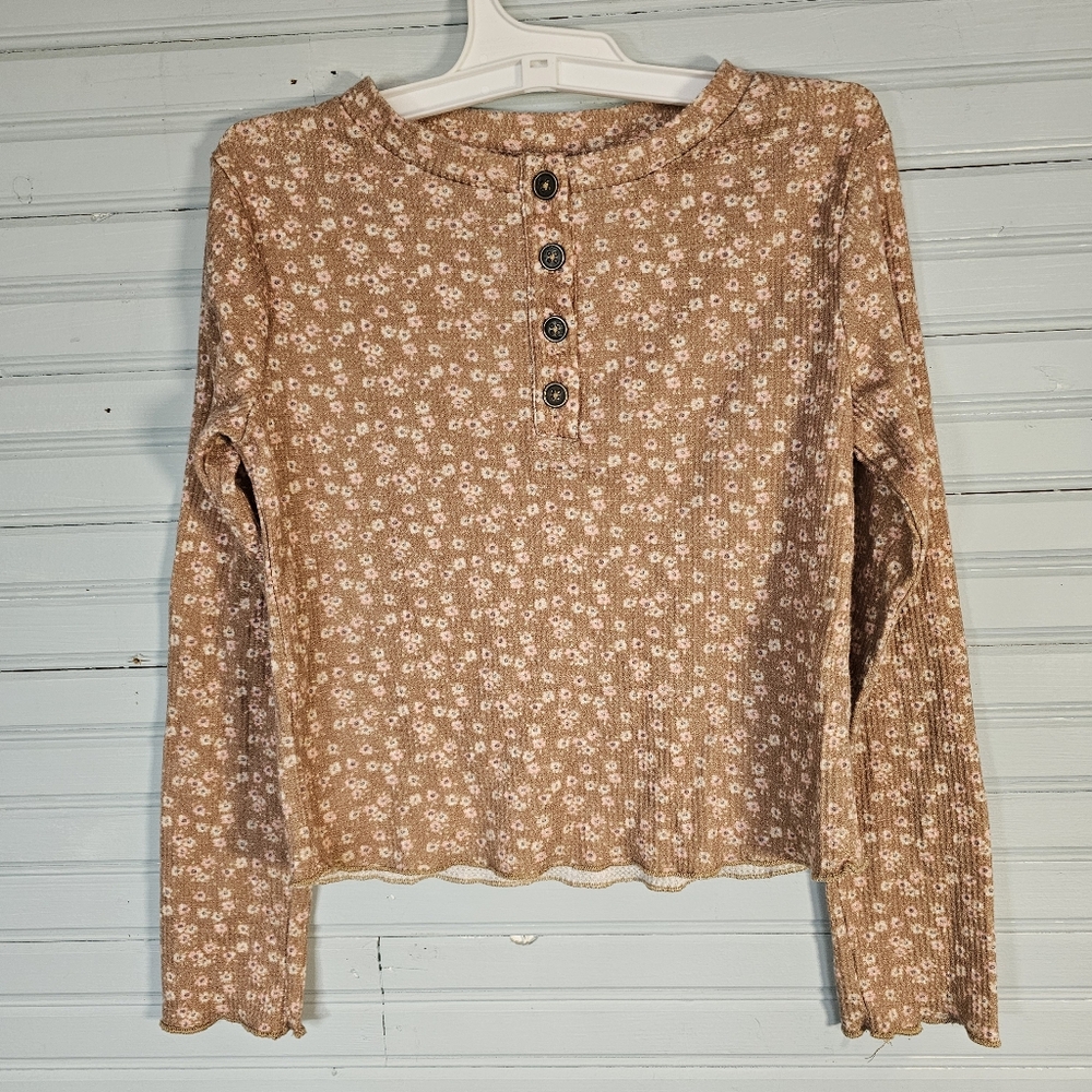 Art Class Girl's Tan Pink Floral Thermal Henley  Size 6/6x